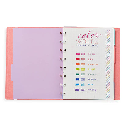 Color Write Fountain Pen color guide in notebook, featuring 8 vibrant colors for creative penmanship. Available at stationery store. Suitable for age 12+