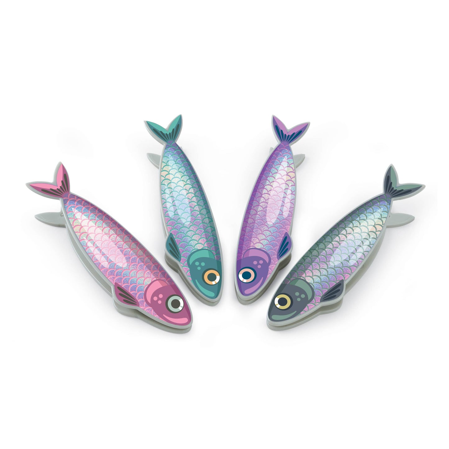 Fish 'N Clips set of 4 sardine bag clips with iridescent finish, available at stationery stores.