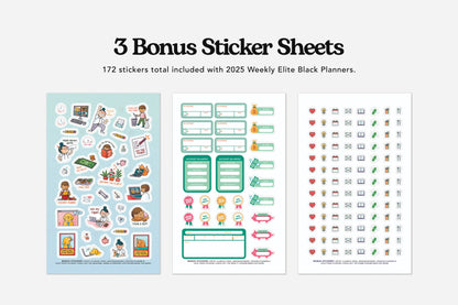 Bonus sticker sheets included with the 2025 Weekly Planner Elite Black from Stationery Store, featuring colorful and functional designs.