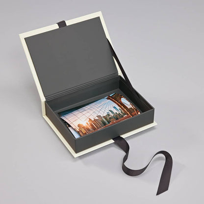 Heritage Line Small Photograph Box with lid window and ribbon, ideal for storing photos and memorabilia. Available at stationery stores.