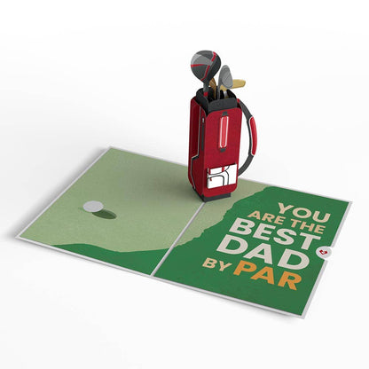 Best Dad By Par 3D pop-up card featuring a golf bag design, perfect for Father's Day from a stationery store.