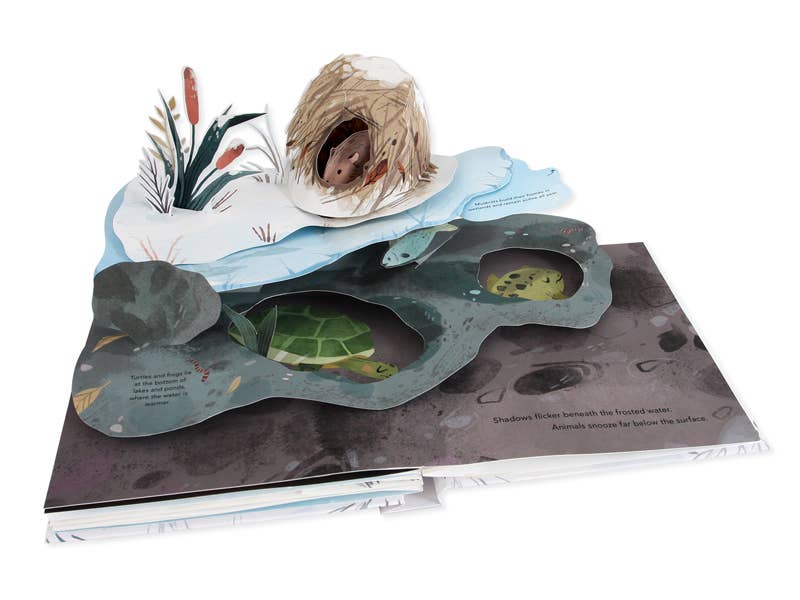 Interactive spread from Snowscape: A Winter Pop-Up Book featuring hibernating critters, available at your local stationery store.