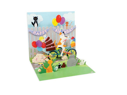 Cat and Cake Bike Ride Pop-Up Card with colorful balloons and birthday theme, ideal for stationery store gift, featuring pop-up cats and cakes.