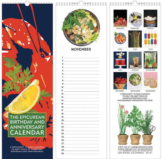 Epicurean Birthday and Anniversary Calendar with culinary illustrations, perfect for stationery stores, size 15x5 inches, spiral bound.