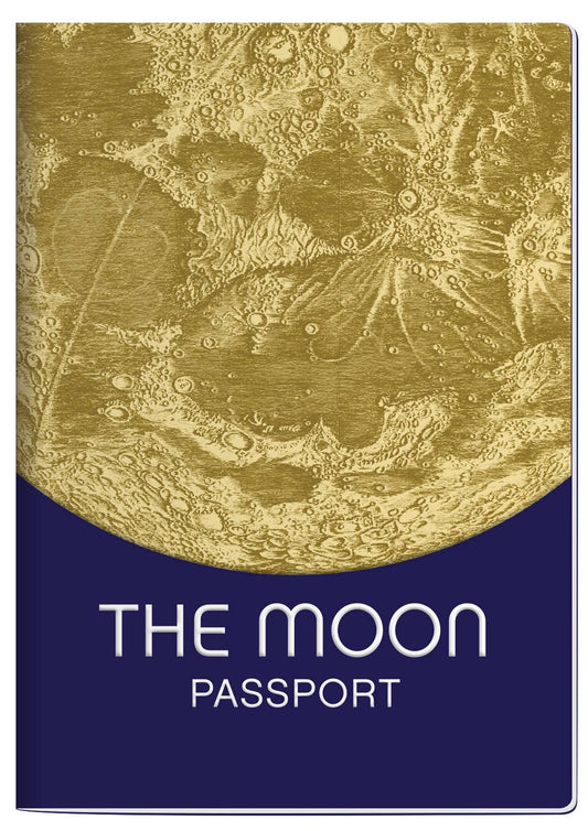 Alt Tag: The Moon Passport Notebook with gold lunar design, available at the stationery store for moon phase tracking and observations.