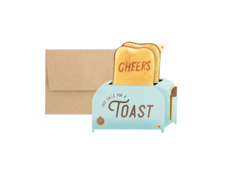 Toaster Cheers Pop-up Greeting Card with foil, kraft envelope. Stationery store product featuring interactive die-cut design.