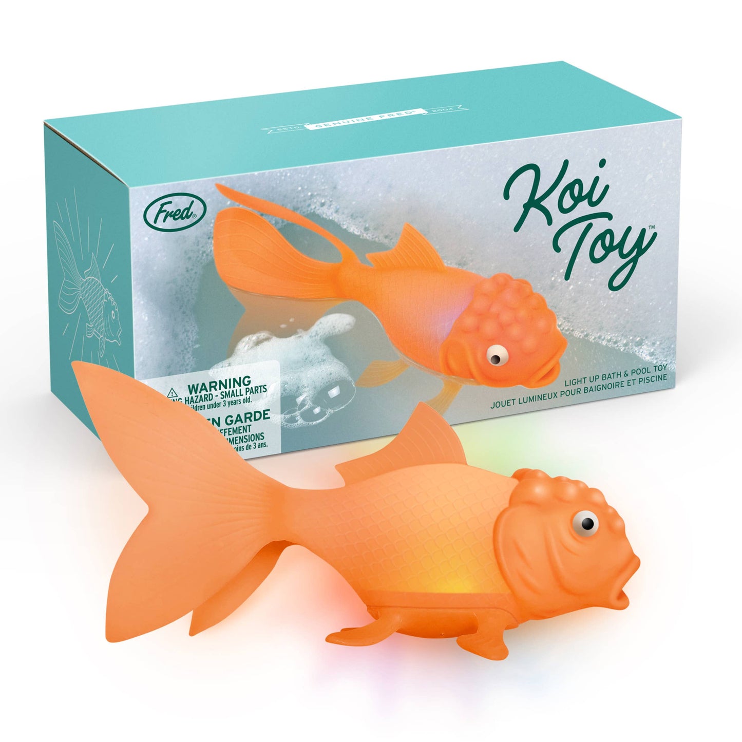 Koi Toy Light-Up Goldfish Bath & Pool Toy in display box, perfect for water play, available at the stationery store. BPA-free, colorful design.