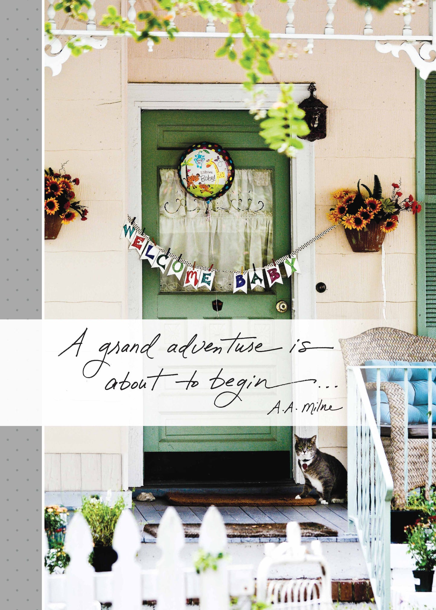 Alt Tag: 551NB stationery store welcome card with A.A. Milne quote 'A Grand Adventure Is About to Begin', perfect for new baby arrival.