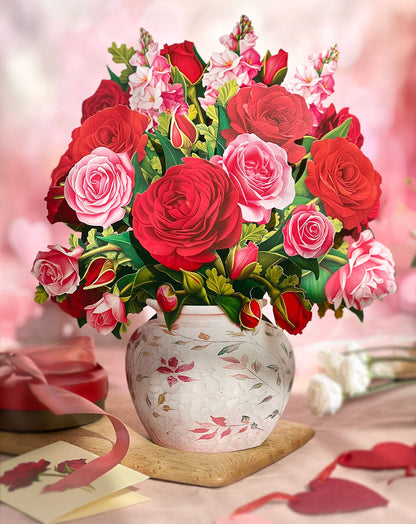 Blooming Roses Pop Up Greeting Card with red and pink garden flowers in watercolor vase, perfect for stationery store gifts.