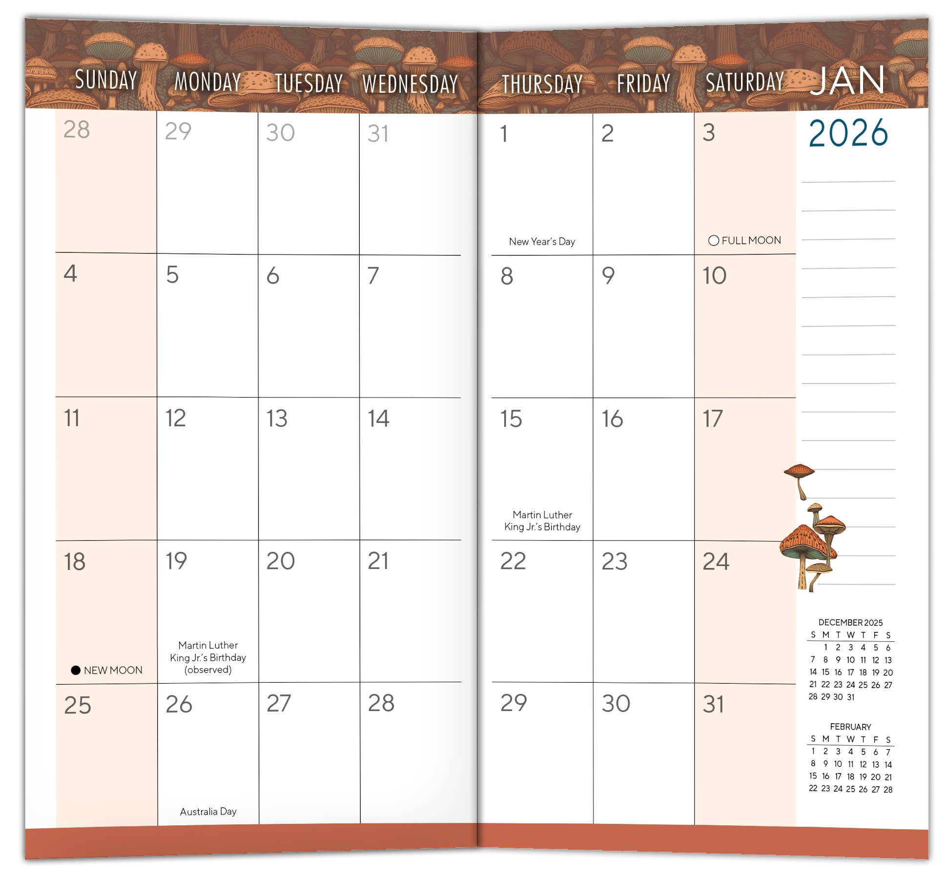 January 2026 calendar layout featuring mushroom design, highlighting holidays and lunar phases for easy planning.