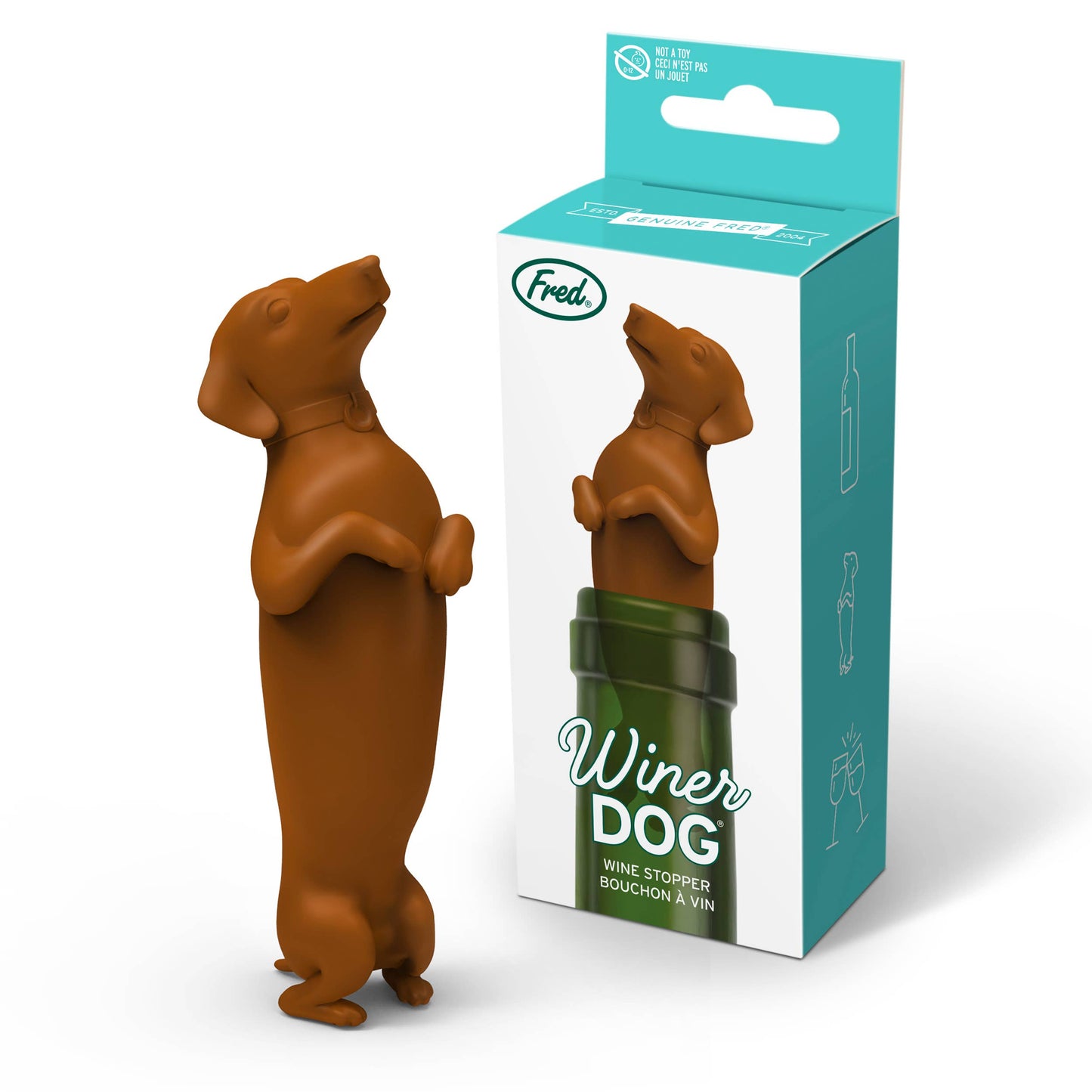 Winer Dog - Dachshund Bottle Stopper keeping wine fresh, available at your local stationery store. Food-grade silicone, 3 inches tall.