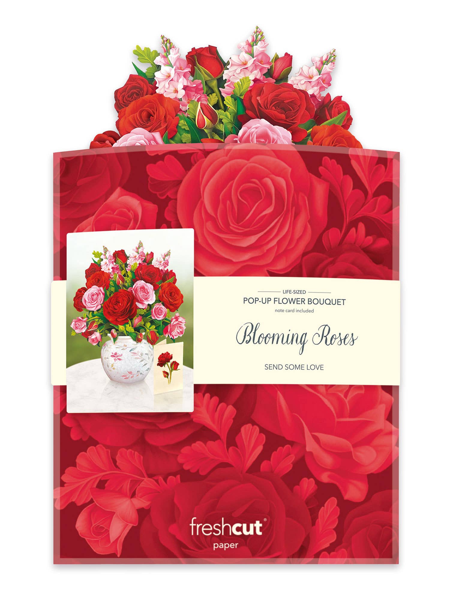 Blooming Roses Pop Up Greeting Card with red and pink floral design, perfect for stationery store gifts.