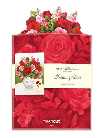 Blooming Roses Pop Up Greeting Card with red and pink floral design, perfect for stationery store gifts.