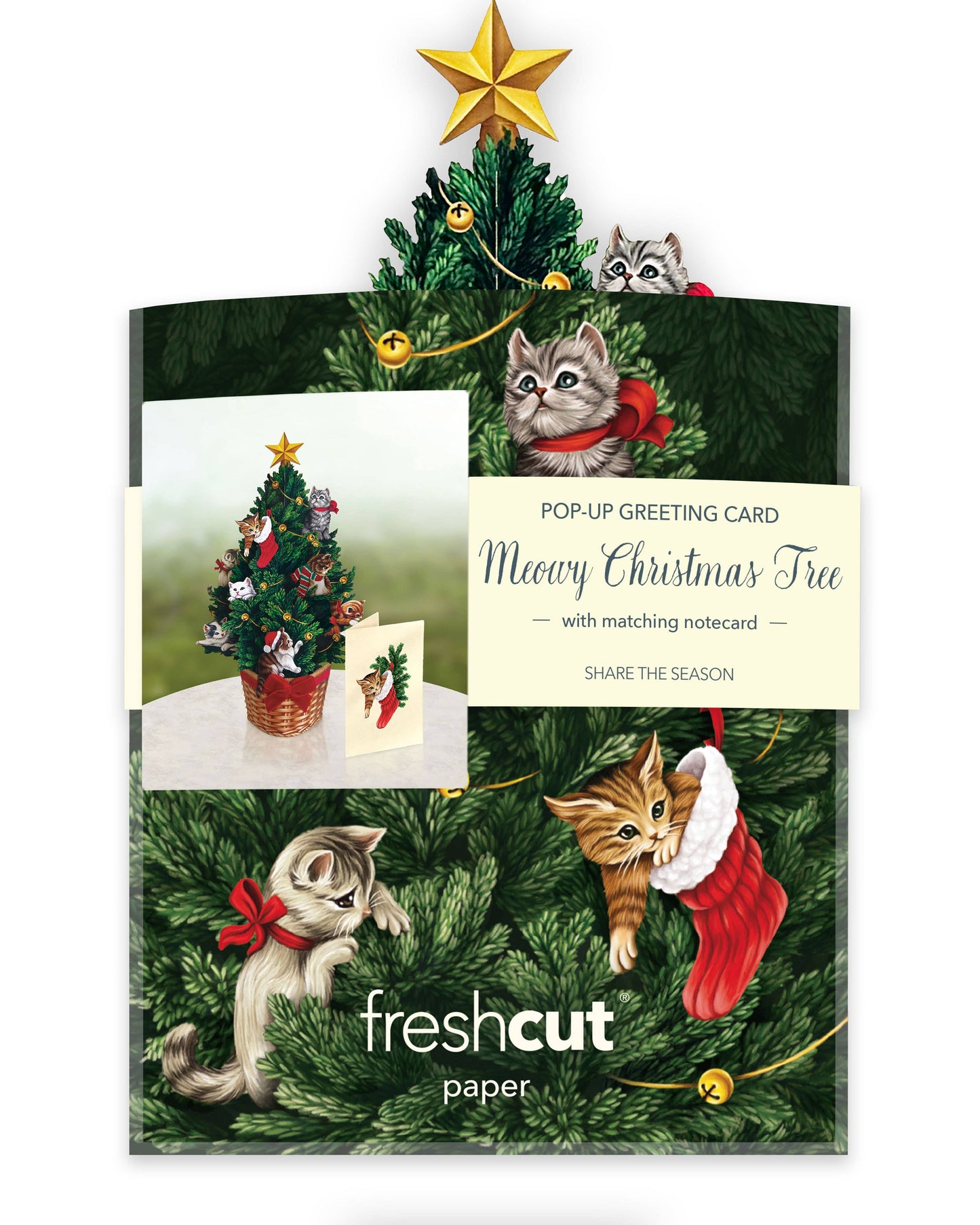 Mini Meowy Christmas Tree pop-up greeting card with festive felines and gold trimmings. Perfect for stocking stuffers at stationery stores.