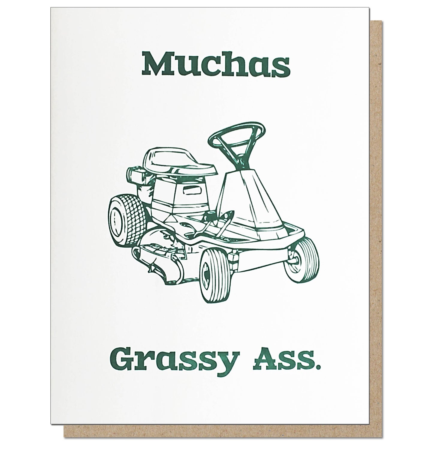 Muchas Grassy Ass card with retro lawnmower illustration, 100% recycled card stock, perfect for thank you notes. Available at stationery store.