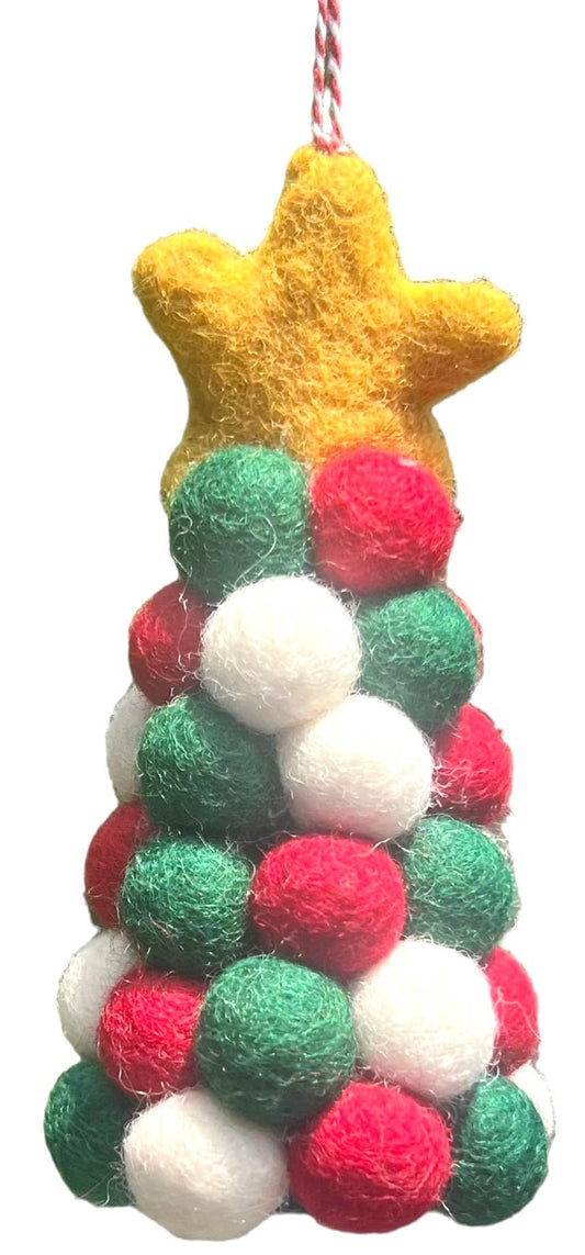 Handmade felt pompom Xmas tree ornament from Nepal, ideal for stationery store decor, crafted by women artisans. Unique and colorful design.