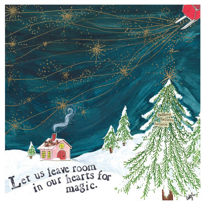 Holiday boxed card "Let us leave room in our hearts for magic" illustration by Curly Girl, featuring a snowy scene and tree, stationery store item.