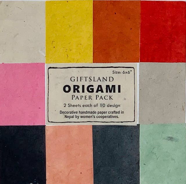 Origami pack with 20 solid lokta papers, handmade in Nepal by Giftsland, available at stationery store. Eco-friendly crafting supplies.