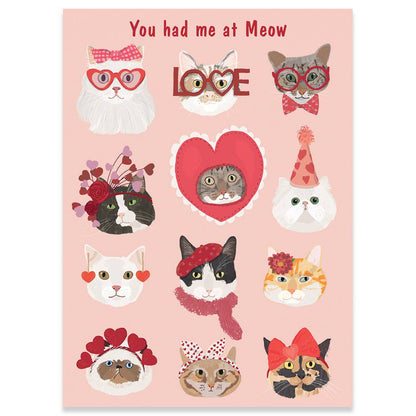 Valentine's Day card with cat illustrations and 'You had me at Meow' text, designed by Hannah Melin, available at stationery store.