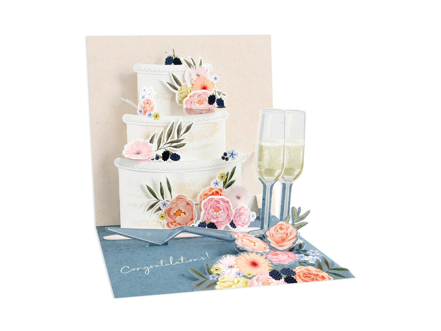 Fondant wedding cake pop-up greeting card with floral design, perfect for celebrations, available at stationery store.