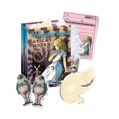 Wonderland Sticky Notes booklet with over 300 assorted shapes, perfect for stationery store finds. Compact size for easy carry.