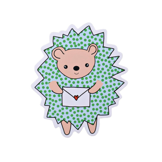 Cute Hedgehog Vinyl Sticker holding an envelope, perfect gift from PipStickers, available at stationery store.