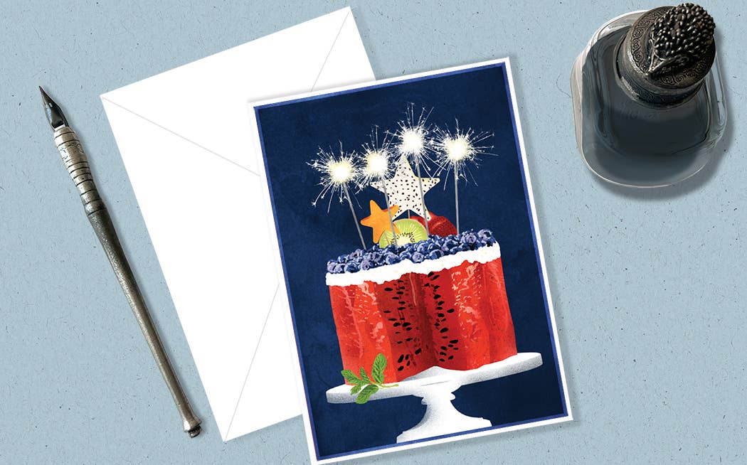 Birthday Card Collection II with festive cake design, featuring sparklers. Available at stationery store. Includes envelopes for all occasions.