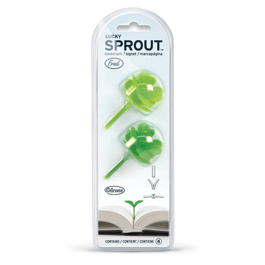 Lucky Sprout Clover Bookmarks in packaging; flexible silicone four-leaf clovers for sale at stationery store.