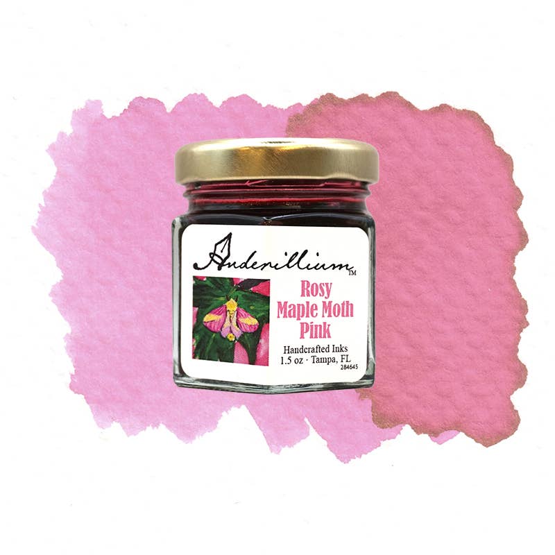 Anderillium Ink - Rosy Maple Moth Pink 1.5 oz bottle, handcrafted fountain pen ink in pink shade, perfect for stationery stores.