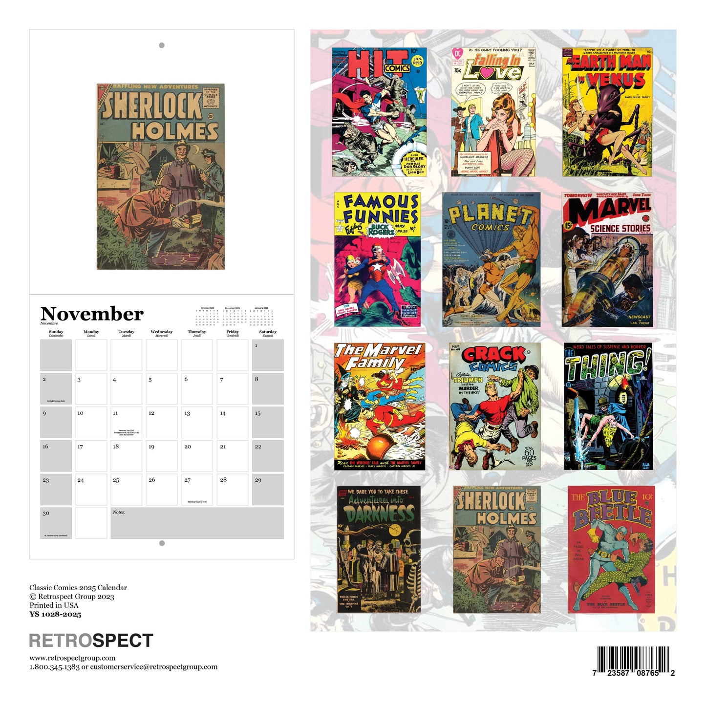 Classic Comics 2025 Square Calendar featuring vintage comic book covers, November grid, ideal for stationery store displays.