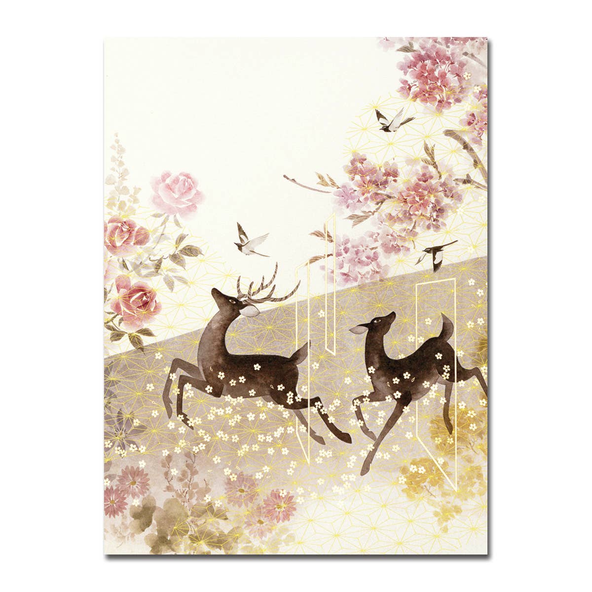 Two Deer Foil Wedding & Engagement Card by Tadashi Ura with gold foil accents, floral design. Ivory matte finish. Stationery store exclusive.