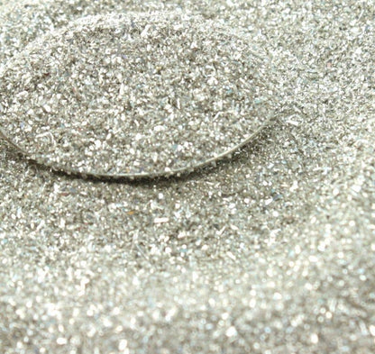 Silver Sparkly German Glass Glitter Fine 90 Grit 25g for stationery store projects, showcasing bright, premium quality silver sparkle.