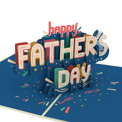 Pop-up Father's Day card with colorful 3D 'Happy Father's Day' message on dark blue background, from stationery store.