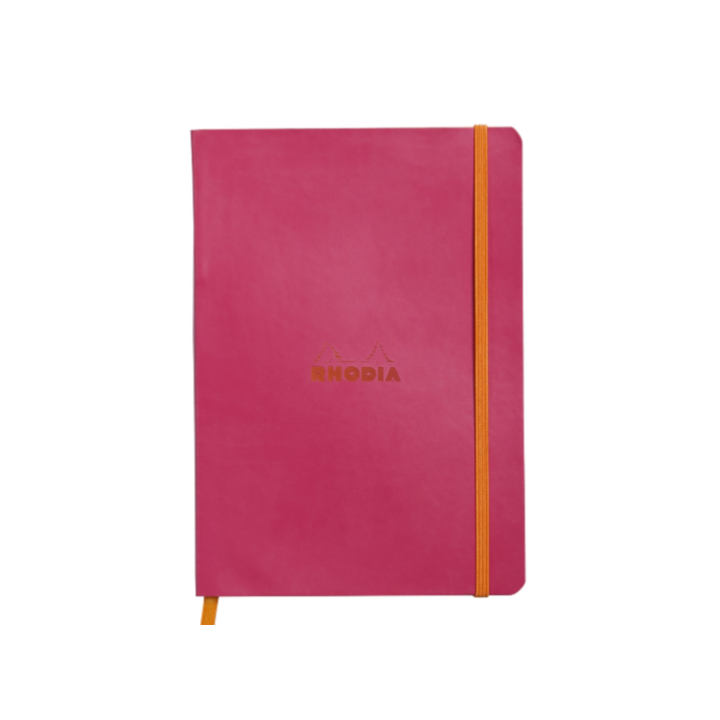 Rhodiarama Softcover Journal (A5) in pink with elastic closure from stationery store, ideal for bullet journaling with 90g fountain pen-friendly paper.