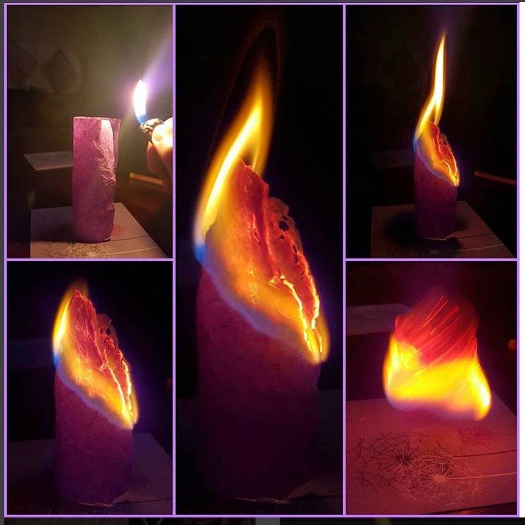 Series of purple candles burning with bright orange flames, showcasing the vivid glow and varying stages of flame intensity.