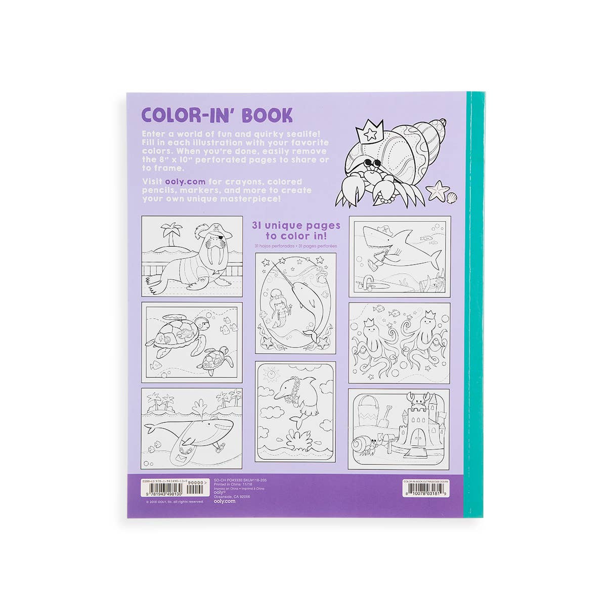 Back cover of 'Color-in' Book: Outrageous Ocean' with fun sea creatures, available at stationery stores for kids' creative coloring activities.