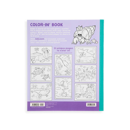 Back cover of 'Color-in' Book: Outrageous Ocean' with fun sea creatures, available at stationery stores for kids' creative coloring activities.