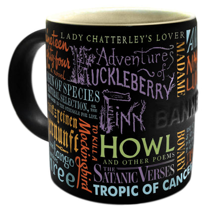 Banned Book Coffee Mug - 12 oz ceramic featuring famous banned book titles, perfect for hot drinks, available at stationery stores.