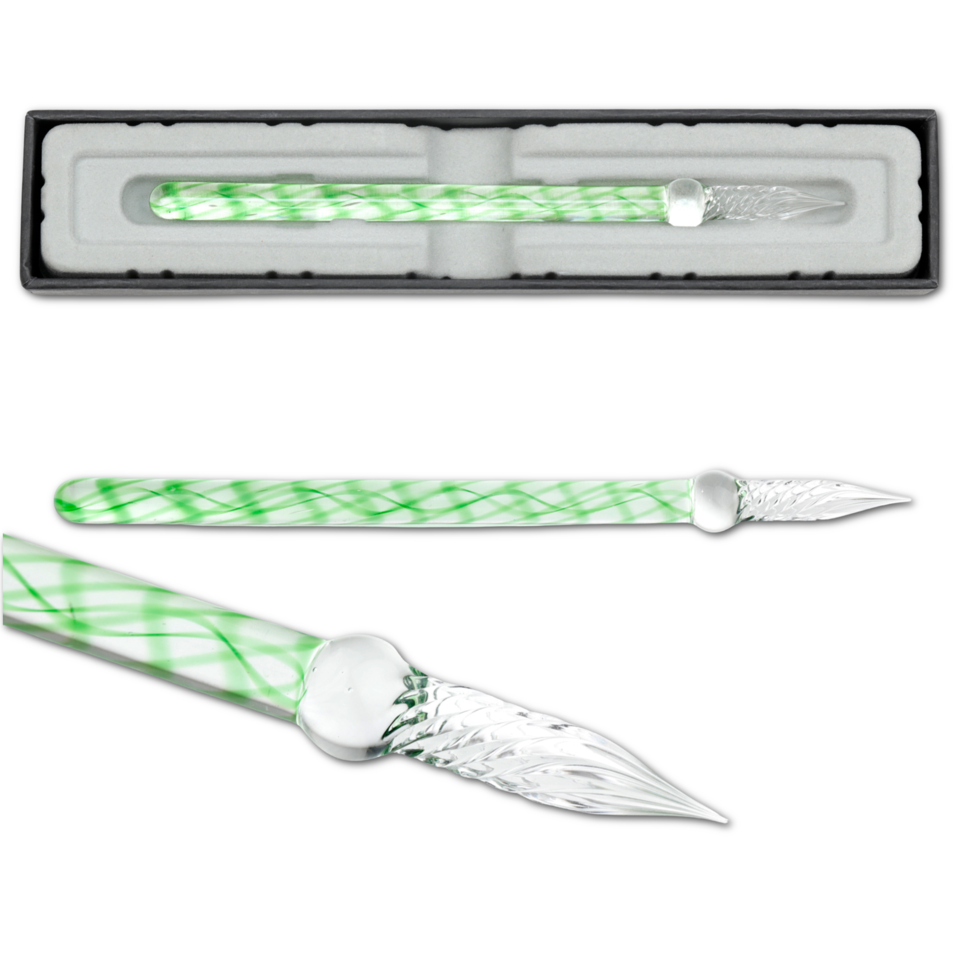 Alt Tag: Herbin Glass Dip Pen with spiral tip in presentation box, ideal for stationery stores, ergonomic design, 7 inch round design