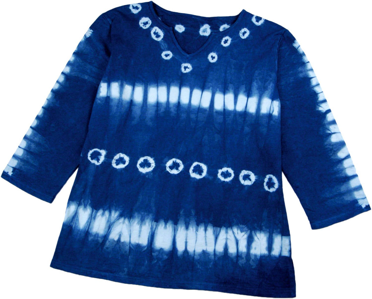 Indigo tie dye shirt showcasing traditional dye patterns, available at our stationery store for DIY art lovers.