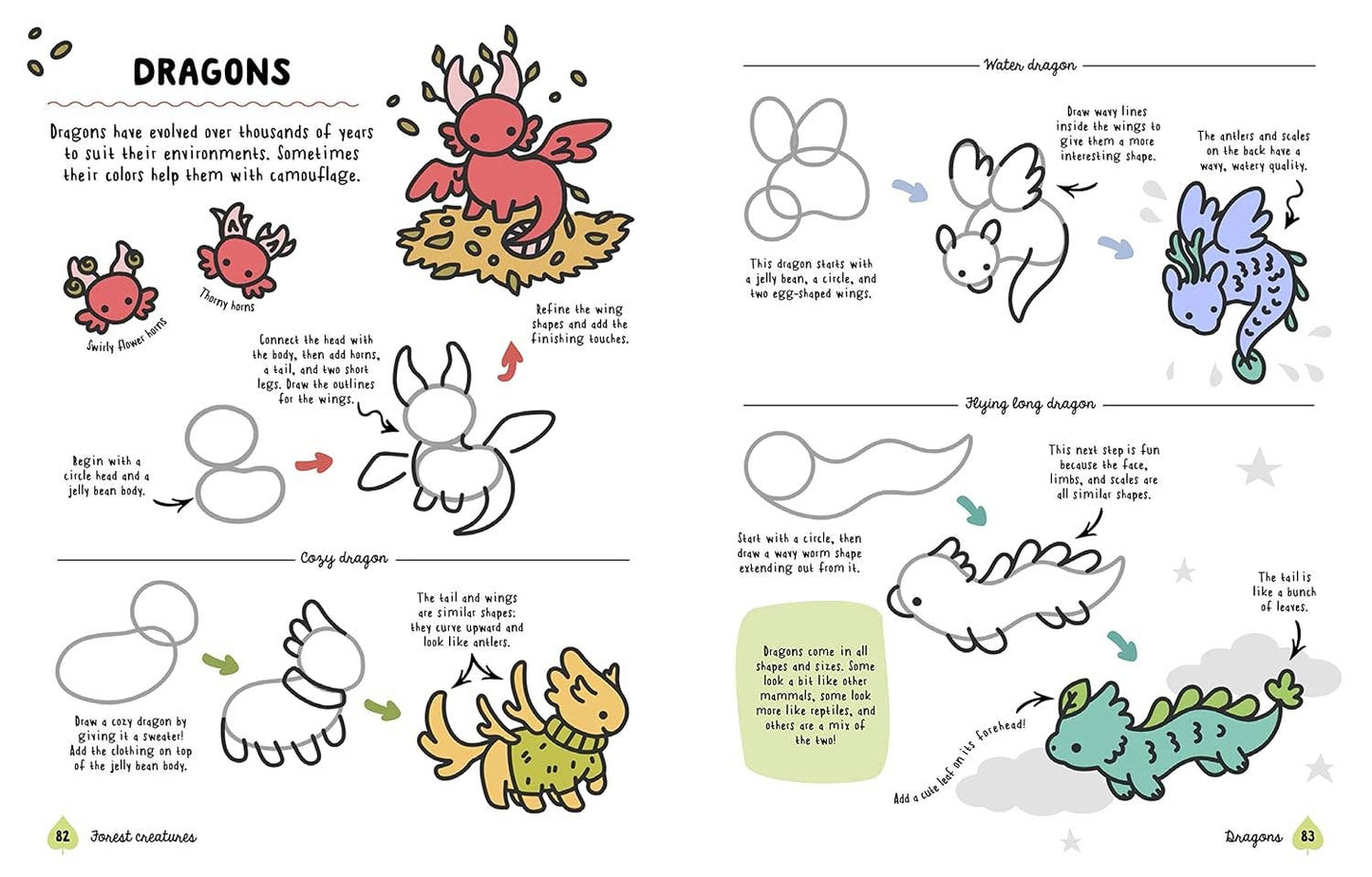 Cute dragon drawing tutorial from Angela Nguyen's How to Draw Cute Woodland Friends, perfect for kids' stationery store collection.