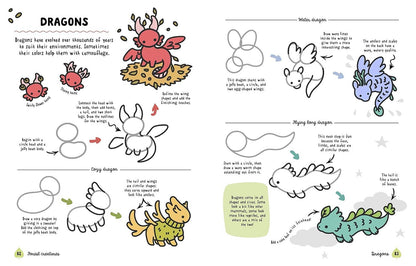 Cute dragon drawing tutorial from Angela Nguyen's How to Draw Cute Woodland Friends, perfect for kids' stationery store collection.