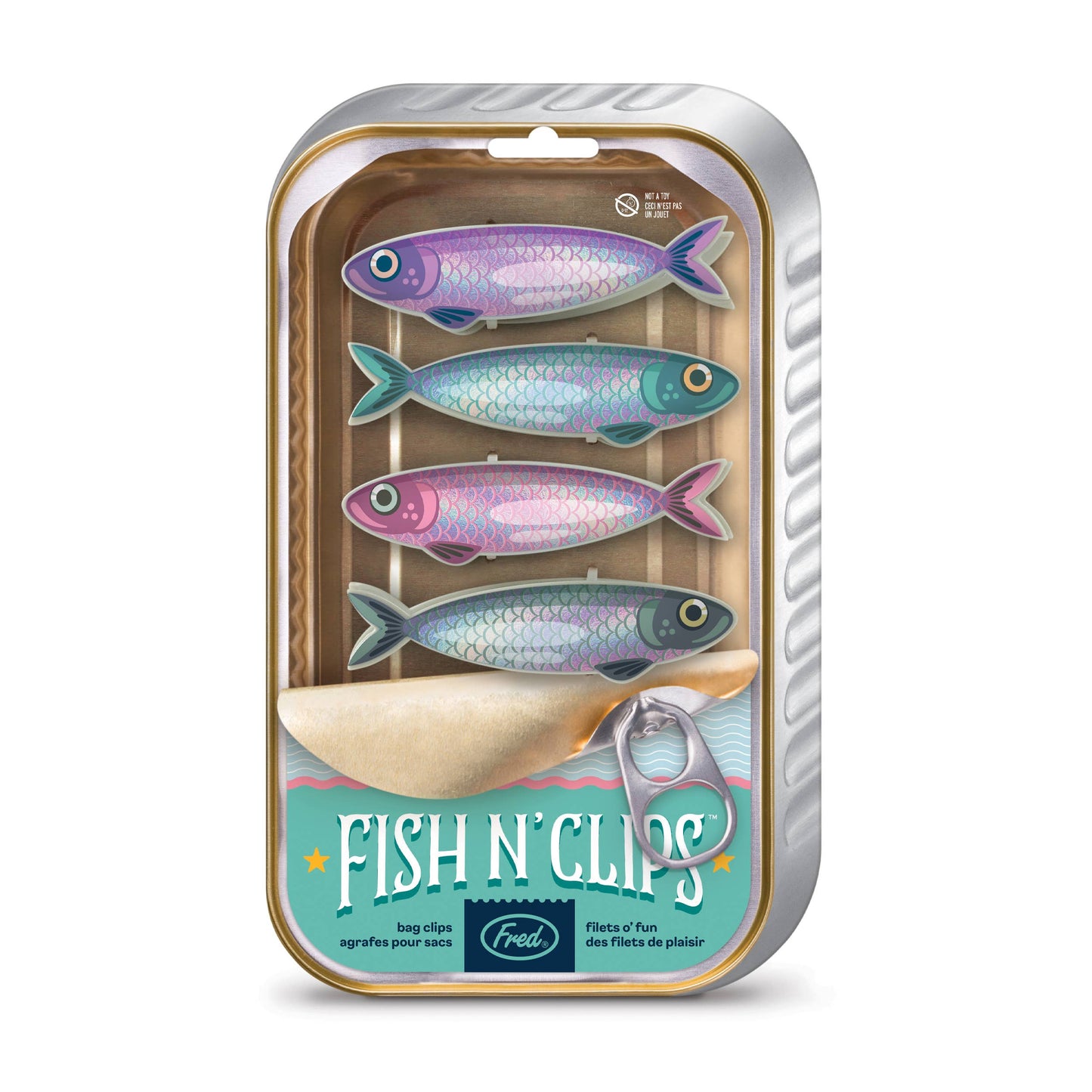 Fish 'N Clips - Sardine Bag Clips Set of 4 in a stationery store packaging, iridescent finish, designed by Jennifer Norwood.