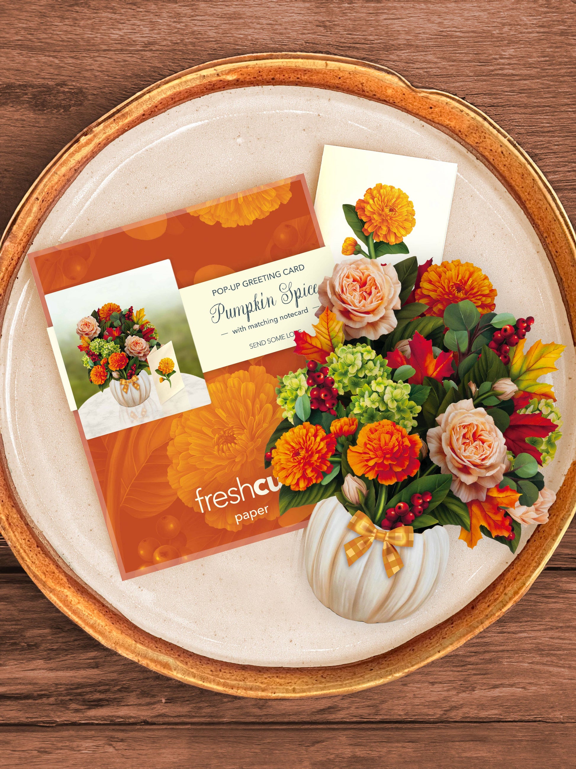 Mini Pumpkin Spice pop-up greeting card with floral design and matching notecard, available at stationery store.