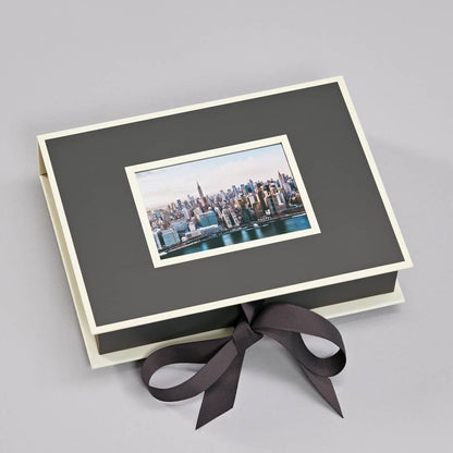 Heritage Line small photograph box with photo window on lid and decorative ribbon; ideal for storing photos, letters, and small items. Stationery store.