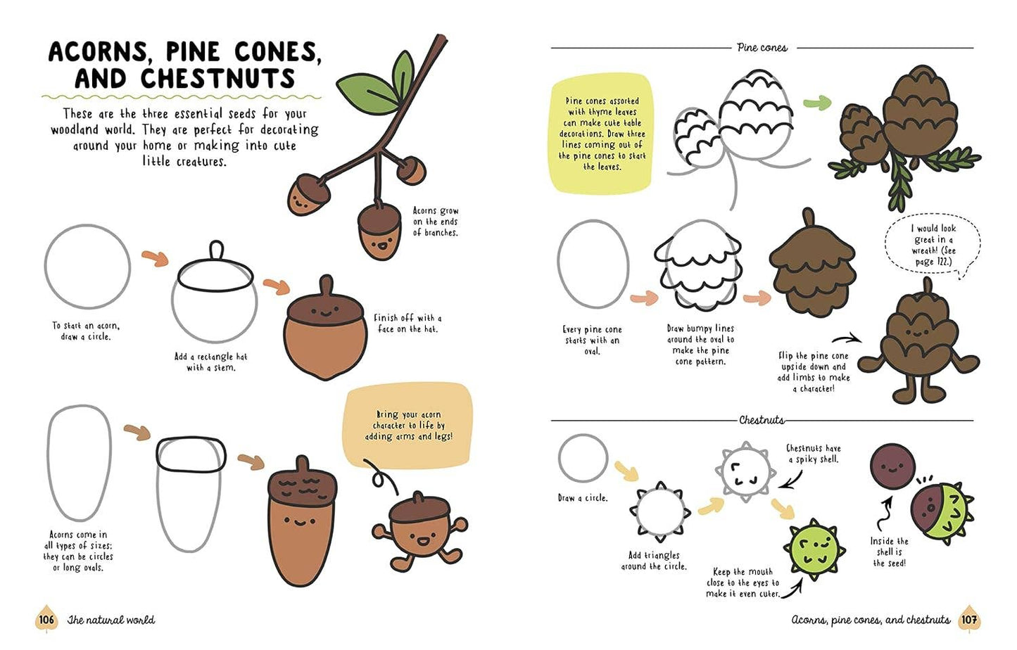 Step-by-step guide to drawing acorns, pine cones, and chestnuts from 'How to Draw Cute Woodland Friends' by Angela Nguyen, stationery store.