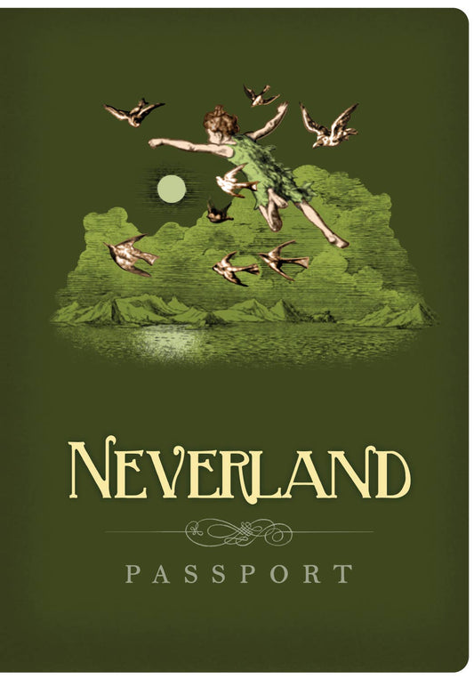 Neverland Passport Notebook cover with Peter Pan theme, available at stationery store, featuring vintage design in green.