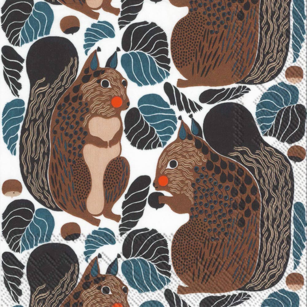 Autumn-themed Marimekko Paper Lunch Napkin with squirrel design, perfect for fall events. 20 count, available at stationery store.