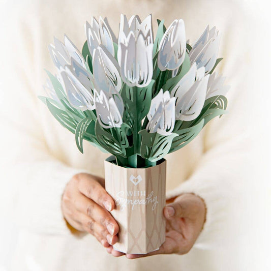 Sympathy Tulip 12”H x 8.5”W Bouquet in vase, pop-up fold, stationery store gift option.