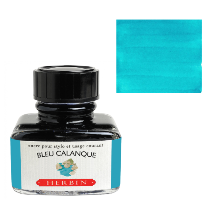 Herbin Fountain Pen Ink 30ml Bottle - Bleu Calanque color, displayed with swatch, perfect for stationery stores, made in Paris.